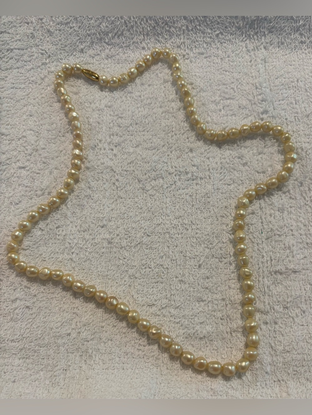 Elegant Pearl Necklace with Gold Tone Clasp 24”